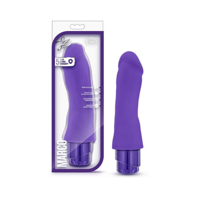 Purple realistic silicone vibrator with curved head and multi-speed control, shown with packaging and product side by side.