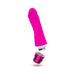 Bright pink silicone vibrator with curved shaft and removable battery cap shown against white background.