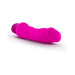 Bright pink silicone dildo vibrator with curved shaft and textured base on white background.