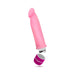 Pink silicone vibrator with a curved tip and removable purple battery cap on a white background.
