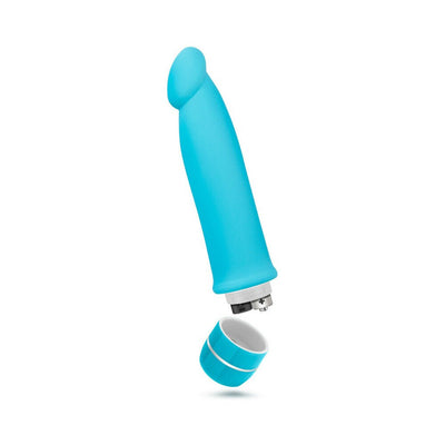Blue silicone vibrator with a curved tip and removable base showing battery compartment.