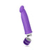 Purple silicone vibrator with a smooth, curved design and removable battery cap on a white background.