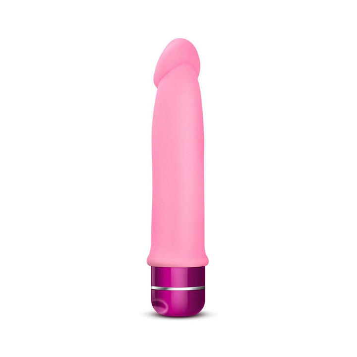 Pink silicone vibrator with a smooth, curved design and a metallic purple base with control dial.
