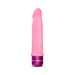 Pink silicone vibrator with a smooth, curved design and a metallic purple base with control dial.