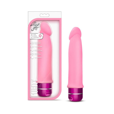 Pink silicone vibrator with a smooth satin finish and purple base, shown packaged and unpackaged.