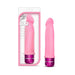 Pink silicone vibrator with a smooth satin finish and purple base, shown packaged and unpackaged.