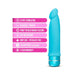 Blue silicone vibrator with curved tip and multi-speed dial, highlighting waterproof and body-safe features.
