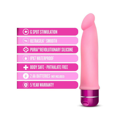 Pink silicone vibrator with curved tip and purple base, highlighting features like G spot stimulation, waterproof, and body-safe materials.
