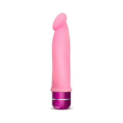 Pink silicone vibrator with a curved tip and purple base featuring a silver accent ring.