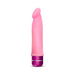 Pink silicone vibrator with a curved tip and purple base featuring a silver accent ring.