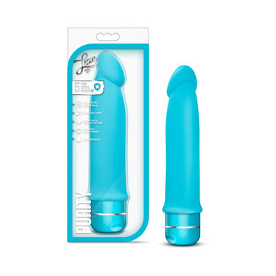 Blue silicone vibrator with smooth satin finish and multi-speed dial, shown in and out of packaging.