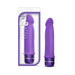 Purple silicone vibrator with smooth satin finish and multi-speed dial, shown in and out of packaging.