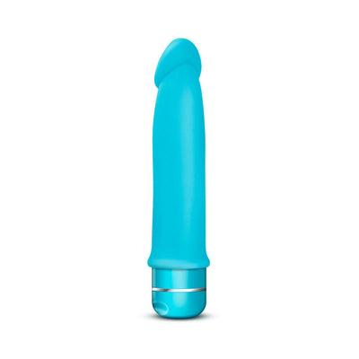 Smooth blue silicone vibrator with a curved tip and a silver-accented base dial for adjustable vibrations.