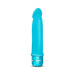 Smooth blue silicone vibrator with a curved tip and a silver-accented base dial for adjustable vibrations.