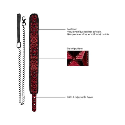 Burgundy luxury collar with diamond pattern, five adjustable holes, and attached black chain leash with handle.
