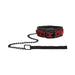 Burgundy luxury collar with diamond pattern and attached black chain leash with handle on white background.