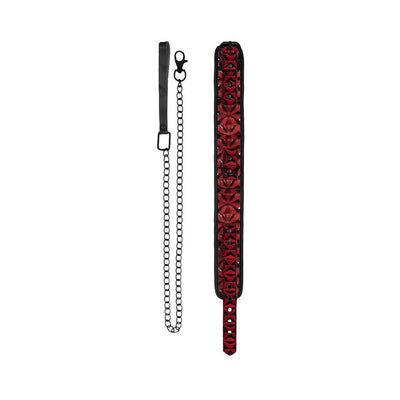 Burgundy neoprene and faux-leather collar with diamond pattern and attached black chain leash with handle.