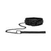 Black faux-leather collar with diamond pattern and attached black chain leash with comfortable handle.