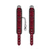 Pair of adjustable burgundy hand cuffs with black padded backing and a black chain with lobster clasp connector