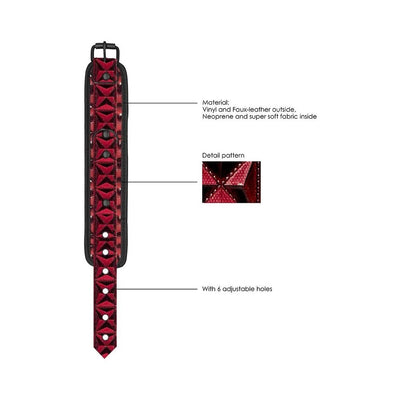 Burgundy luxury hand cuff with diamond pattern, six adjustable holes, vinyl and faux leather exterior, and soft neoprene interior.