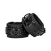 Pair of glossy black luxury hand cuffs with diamond pattern and padded interior, connected by a short chain with a clasp.