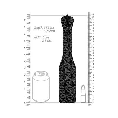 Black luxury paddle with diamond pattern texture, shown with size measurements and scale comparison to a soda can and lipstick.