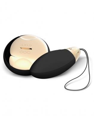 Lyla 2 wireless silicone egg massager with sleek black and gold remote control on white background.