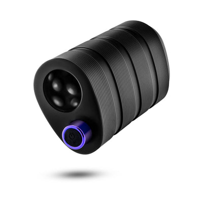 Black textured male stroker with ribbed design and purple power button on white background.