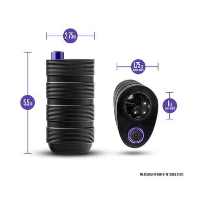 Black textured cylindrical stroker with purple power button, shown with dimensions for length and width.