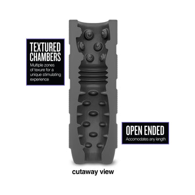 Cutaway view of black textured stroker showing multiple stimulating chambers and open-ended design for adjustable length.