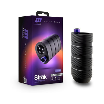 Black ribbed silicone stroker with purple control button next to its purple and black packaging box.