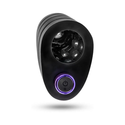 Black textured male stroker with power button illuminated by purple light on a white background.