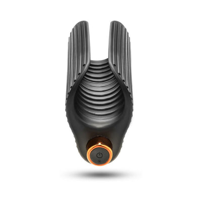 Black ribbed silicone stroker with open taco shape and orange-ringed power button on white background.