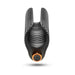 Black ribbed silicone stroker with open taco shape and orange-ringed power button on white background.