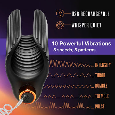 Black ribbed silicone stroker with USB rechargeable port and 10 vibration modes including intensify, throb, rumble, tremble, and pulse.