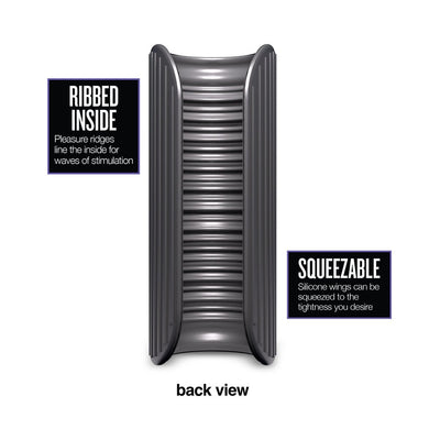 Back view of black Wrapt stroker showing ribbed interior and squeezable silicone wings for adjustable tightness.