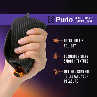 Hand holding a black ribbed silicone stroker with orange control button, highlighting ultra-soft, silky texture, and optimal control features.