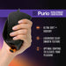 Hand holding a black ribbed silicone stroker with orange control button, highlighting ultra-soft, silky texture, and optimal control features.
