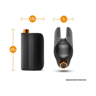 Black ribbed silicone stroker with dimensions and power button detail shown from side and top views.