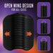 Black ribbed stroker with open wing design for adjustable fit, shown with purple vibrating insert in three positions.