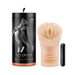 Beige M Elite Soft and Wet Annabella stroker with ribbed texture and included black 1-speed bullet next to black cylindrical packaging.