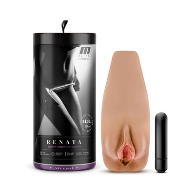 M Elite Soft And Wet Renata Tan stroker with ribbed canal and included black 1-speed bullet vibrator next to sleek packaging.