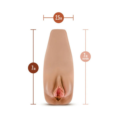 Tan-colored soft textured male pleasure sleeve with vaginal opening and size dimensions shown