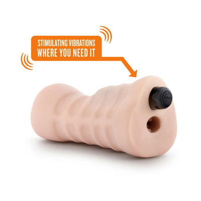 Vanilla-colored textured sleeve with vibrating bullet for targeted stimulation, designed for easy one-hand use.