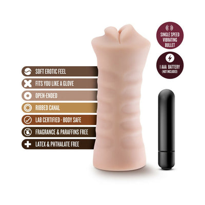 Vanilla-colored textured sleeve with ribbed canal and single-speed vibrating bullet, highlighting soft, body-safe, latex-free design.