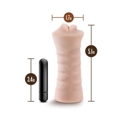 Vanilla-colored textured sleeve with open end and black bullet vibrator, dimensions labeled 5.1 by 1.7 inches and 3.4 inches tall.