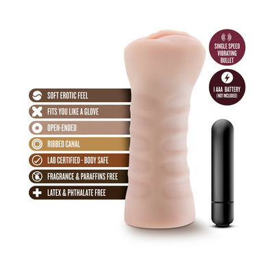 M for Men Ashley Vanilla soft textured masturbator with single-speed vibrating bullet and product feature icons.