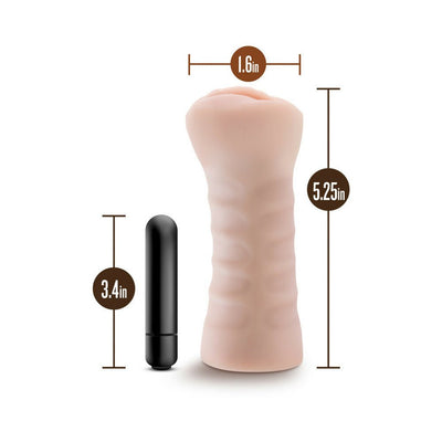 Vanilla-colored M for Men Ashley masturbator with black vibrating bullet, showing dimensions 5.25 x 1.6 inches and 3.4 inches tall bullet.