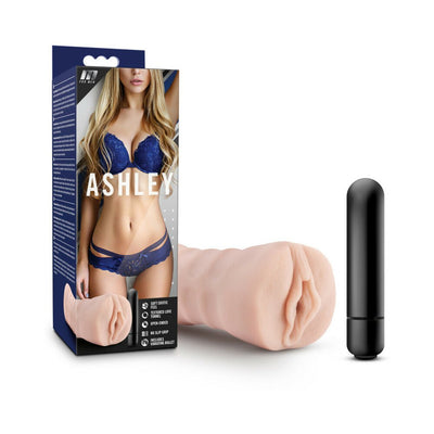M for Men Ashley Vanilla soft textured male masturbator with black vibrating bullet and packaging featuring model in blue lingerie