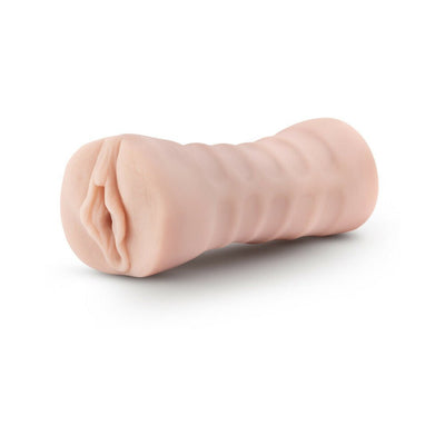 M for Men Ashley Vanilla soft, textured, handheld male masturbator in light skin tone with ribbed exterior design